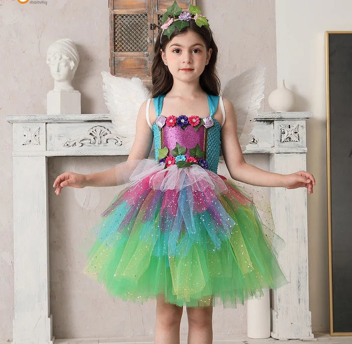 Fantasia Infantil Fada Arco-Íris com vestido, asas e acessório de cabelo, ideal para festas e brincadeiras mágicas com conforto e estilo.