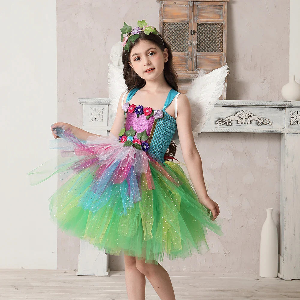 Fantasia Infantil Fada Arco-Íris com vestido, asas e acessório de cabelo, ideal para festas e brincadeiras mágicas com conforto e estilo.