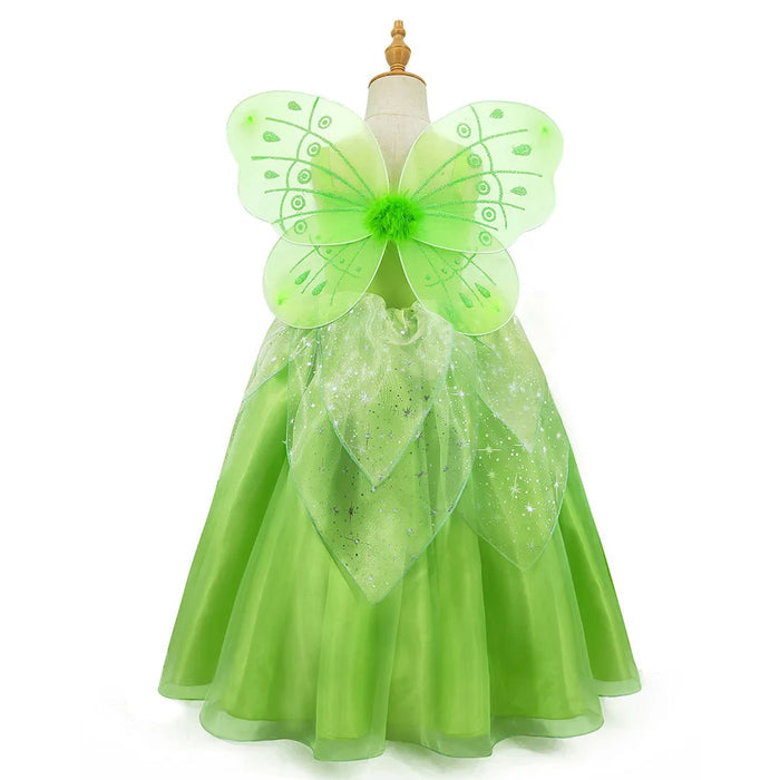 Fantasia Infantil Fada Verde Encantada com vestido, asas, luvas, coroa, colar e brincos, perfeita para festas infantis e brincadeiras mágicas.
