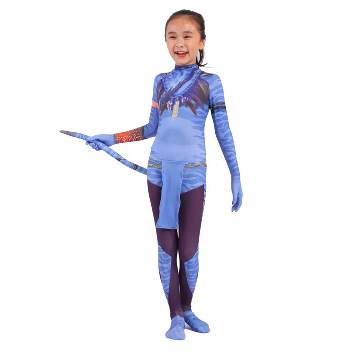 Fantasia Infantil Guerreiro Azul Tribal feita em poliéster e elastano, ideal para festas infantis e brincadeiras cheias de ação e imaginação.