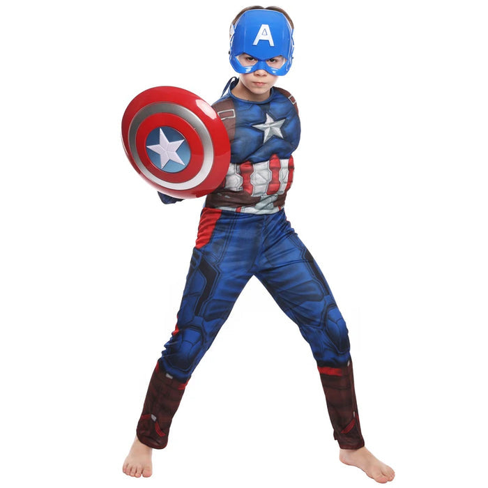 Fantasia Infantil Herói Azul e Vermelho com máscara e roupa, feita em poliéster, ideal para festas infantis e brincadeiras cheias de imaginação.