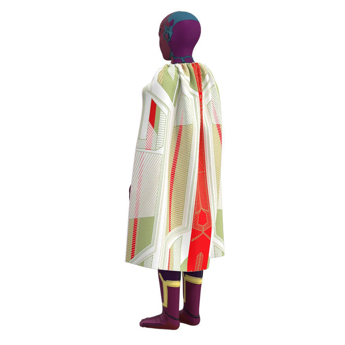 Fantasia Infantil Herói Colorido com Capa feita em poliéster e spandex, inclui macacão, capa e máscara, ideal para festas e brincadeiras infantis.