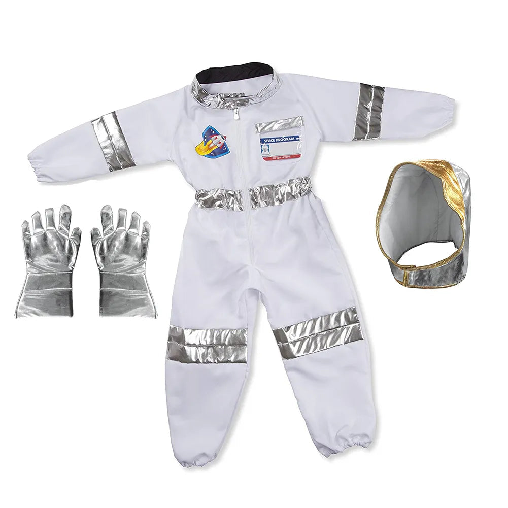 Fantasia Infantil Macacão Astronauta com capacete e luvas, feita em elastano, ideal para festas infantis e brincadeiras intergalácticas.