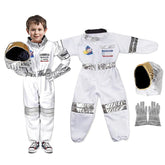 Fantasia Infantil Macacão Astronauta com capacete e luvas, feita em elastano, ideal para festas infantis e brincadeiras intergalácticas.