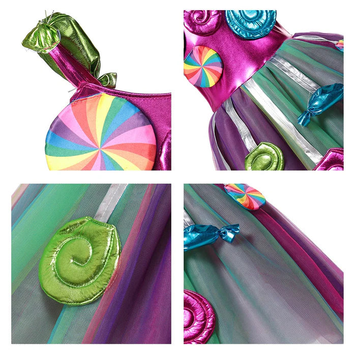 Fantasia Infantil Mágica de Doce com vestido e tiara, feita em poliéster e algodão, ideal para festas, brincadeiras e momentos mágicos encantadores.