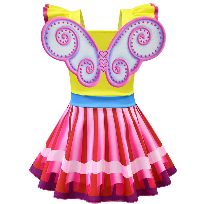 Fantasia Infantil Menina Fashion Rosa Encantada com vestido e calça, feita em poliéster e algodão, ideal para festas infantis e brincadeiras criativas.