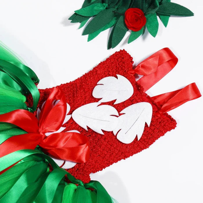 Fantasia Infantil Menina Havaiana Vermelha com vestido e tiara, feita em poliéster, malha, nylon e algodão, ideal para festas e brincadeiras.