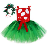 Fantasia Infantil Menina Havaiana Vermelha com vestido e tiara, feita em poliéster, malha, nylon e algodão, ideal para festas e brincadeiras.