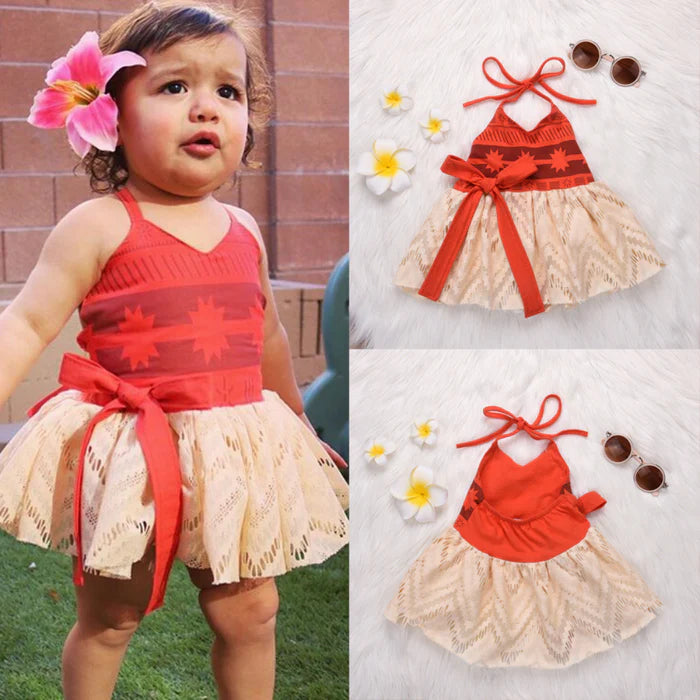 Fantasia Infantil Princesa Havaiana Bebê com vestido, colar e flor, feita em poliéster e algodão, perfeita para festas e fotos temáticas.