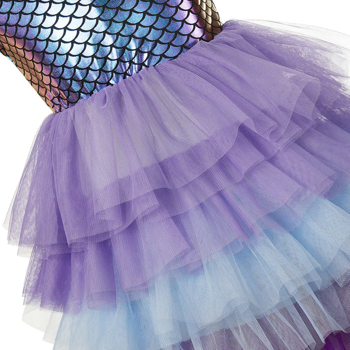 Fantasia Infantil Princesa Sereia Encantada feita em voil, malha e algodão, ideal para festas infantis e brincadeiras cheias de imaginação.