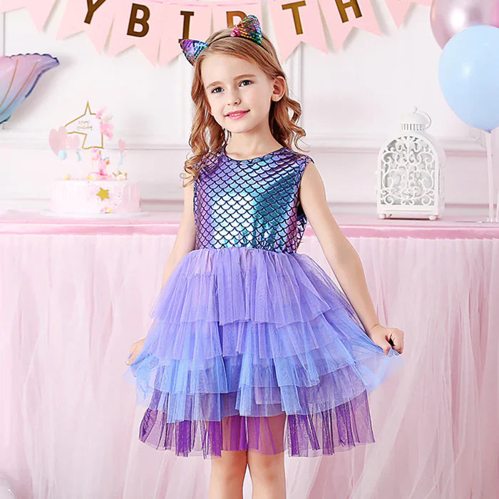 Fantasia Infantil Princesa Sereia Encantada feita em voil, malha e algodão, ideal para festas infantis e brincadeiras cheias de imaginação.