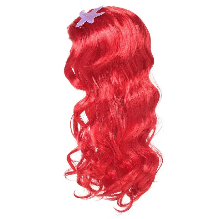 Fantasia Infantil Princesa Sereia Verde e Roxa com vestido, coroa, varinha, luvas e joias, ideal para festas infantis e brincadeiras mágicas.