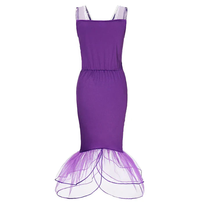 Fantasia Infantil Princesa Sereia Verde e Roxa com vestido, coroa, varinha, luvas e joias, ideal para festas infantis e brincadeiras mágicas.