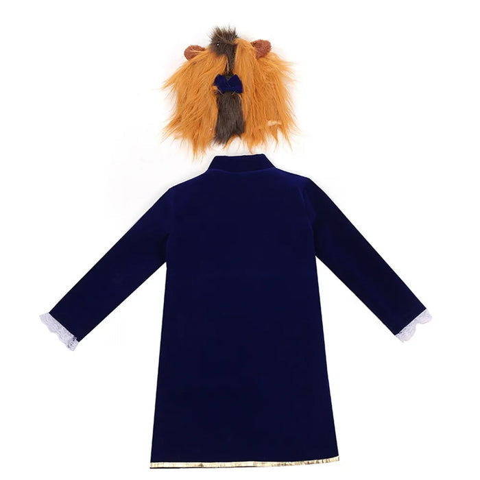 Fantasia Infantil Príncipe Fera Azul de Baile com casaco, colete, máscara e lenço de pescoço, feita em poliéster, ideal para festas e brincadeiras.
