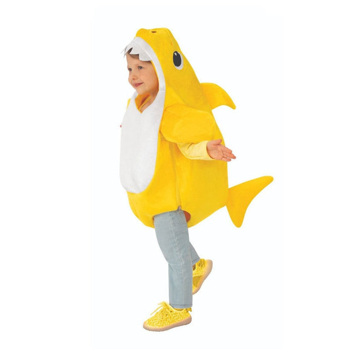 Fantasia Infantil Tubarão feita em poliéster, ideal para festas infantis e brincadeiras aquáticas cheias de imaginação.