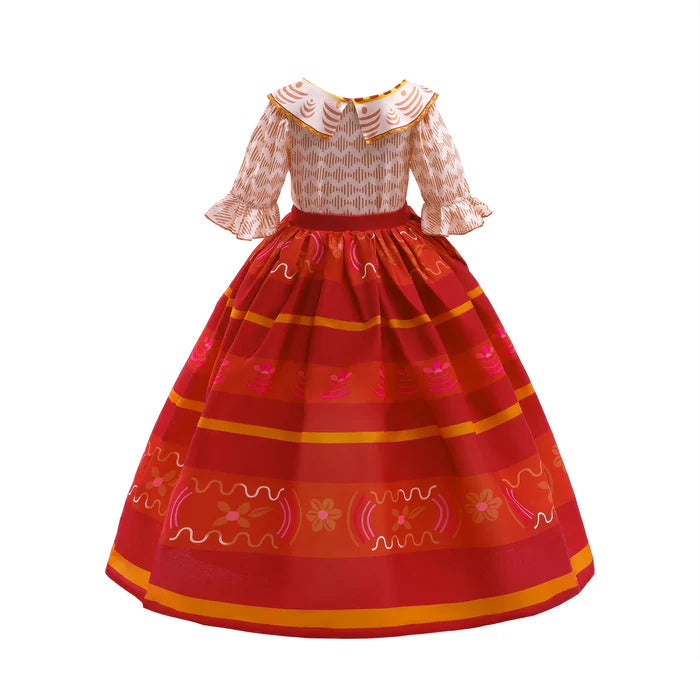 Fantasia Infantil Vestido Encantado Floral Colorido com vestido, coroa, varinha e luvas, feita em poliéster e viscose, ideal para festas infantis.