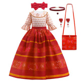 Fantasia Infantil Vestido Encantado Floral Colorido com vestido, coroa, varinha e luvas, feita em poliéster e viscose, ideal para festas infantis.