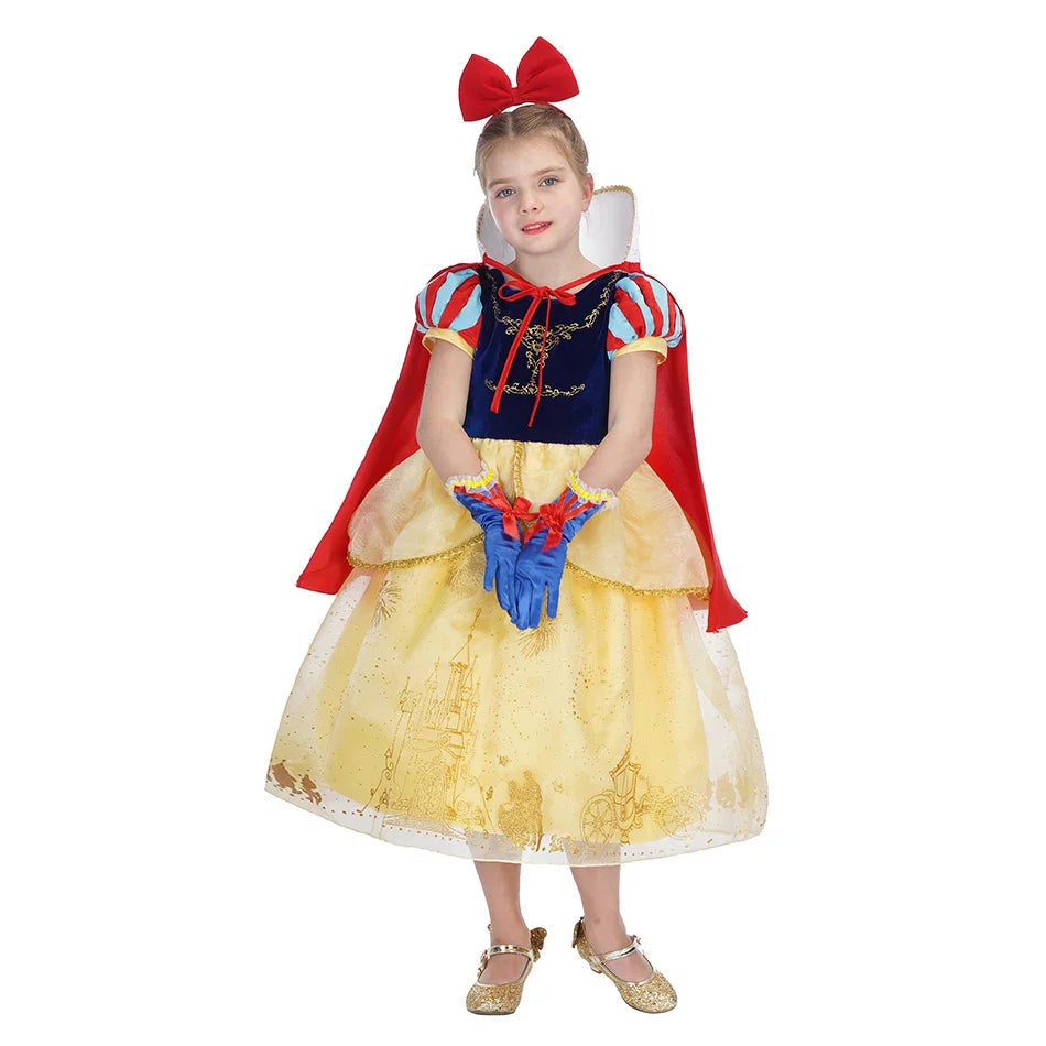 Fantasia Infantil Vestido Amarelo Luxo com vestido, coroa, varinha, colar e luvas, ideal para festas infantis e brincadeiras mágicas.