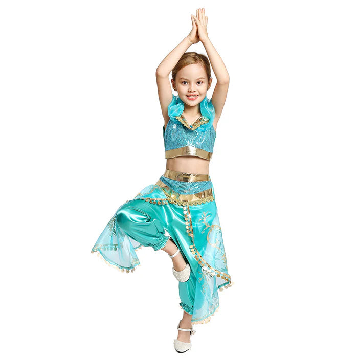 Fantasia Infantil Vestido Princesa Azul das Arábias com vestido, coroa, luva e varinha, feita em poliéster, cetim e voile de alta qualidade.