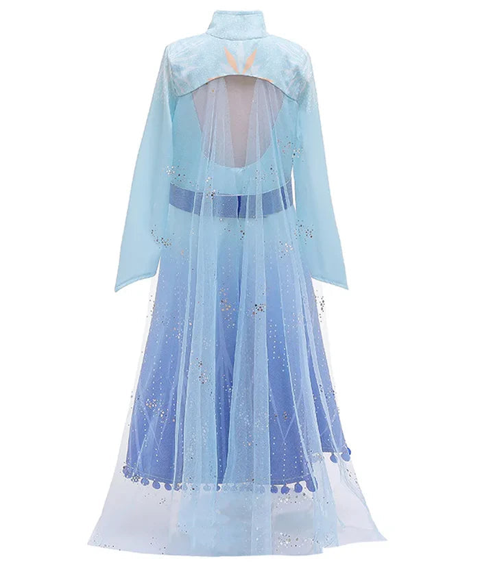Fantasia Infantil Vestido Azul de Gelo Luxo com vestido, coroa, varinha, cabelo e luvas, perfeita para festas infantis e brincadeiras mágicas.