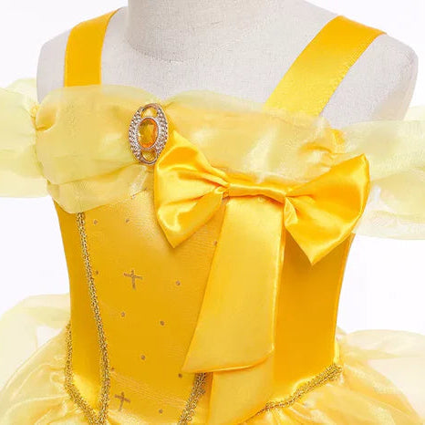 Fantasia Infantil Vestido Princesa Dourada Encantada com vestido, coroa, varinha, luvas e joias, ideal para festas infantis e brincadeiras mágicas.