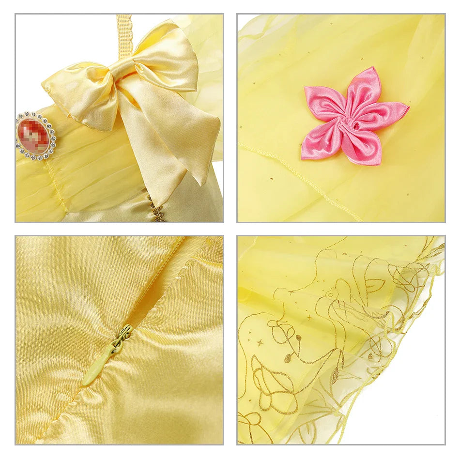 Fantasia Infantil Vestido Princesa Encantada Amarela com vestido, coroa, luvas, colar, brincos, anel, varinha e bolsinha, ideal para festas infantis.