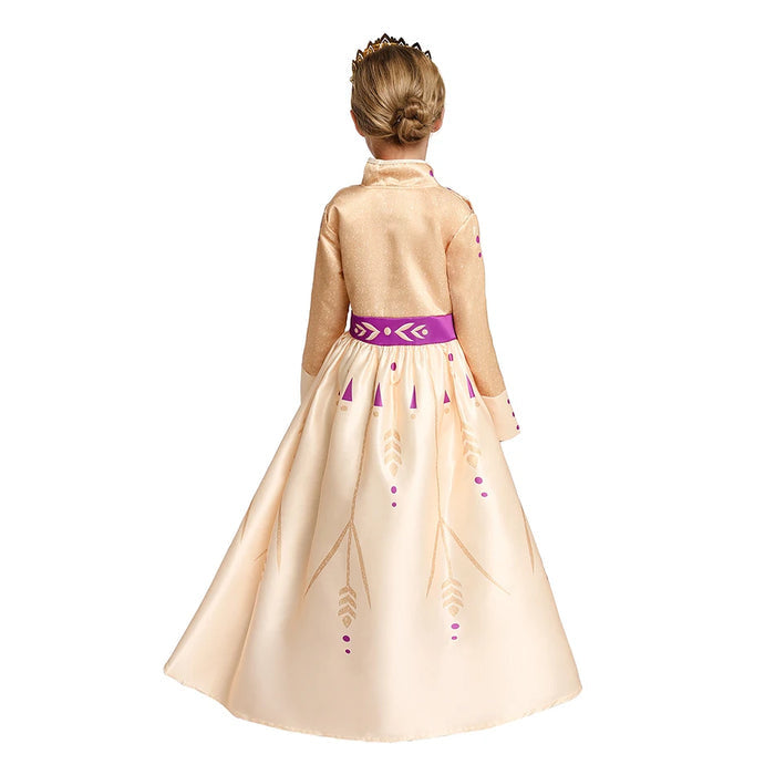 Fantasia Infantil Vestido Princesa Encantada Dourada com vestido, coroa e varinha mágica, feita em cetim, malha e poliéster, ideal para festas infantis.