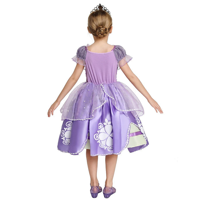 Fantasia Infantil Vestido Princesa Lilás Encantada com vestido, coroa, luvas e varinha, feita em algodão e poliéster, ideal para festas infantis.