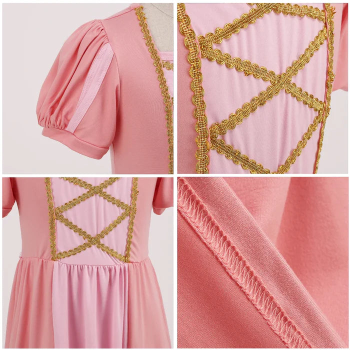 Fantasia Infantil Vestido Princesa Rosa Encantada feita em poliéster, malha e algodão, ideal para festas infantis e brincadeiras mágicas.