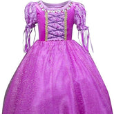 Fantasia Infantil Vestido Princesa Roxa de Festa em voil, malha e algodão, ideal para festas infantis e brincadeiras cheias de imaginação.
