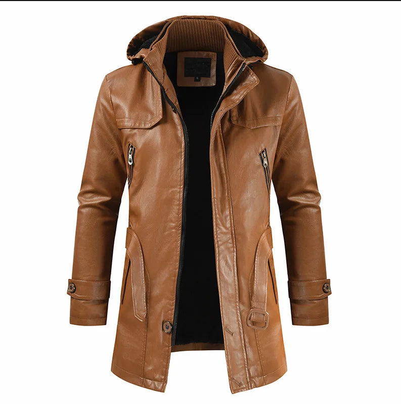 Jaqueta Longa de Couro com Capuz Masculina Romenzi RZ152 em couro premium, com costuras reforçadas e capuz removível para um visual elegante e funcional.