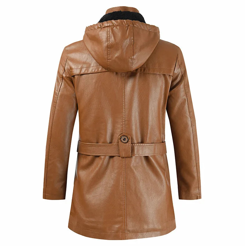 Jaqueta Longa de Couro com Capuz Masculina Romenzi RZ152 em couro premium, com costuras reforçadas e capuz removível para um visual elegante e funcional.