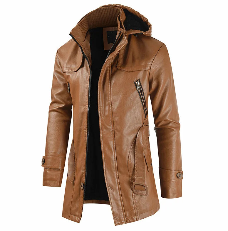 Jaqueta Longa de Couro com Capuz Masculina Romenzi RZ152 em couro premium, com costuras reforçadas e capuz removível para um visual elegante e funcional.
