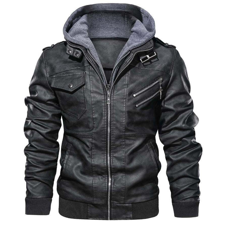 Jaqueta Masculina de Couro Original Romenzi RZ125 em couro genuíno com capuz removível, design elegante e qualidade premium, perfeita para conforto e estilo.