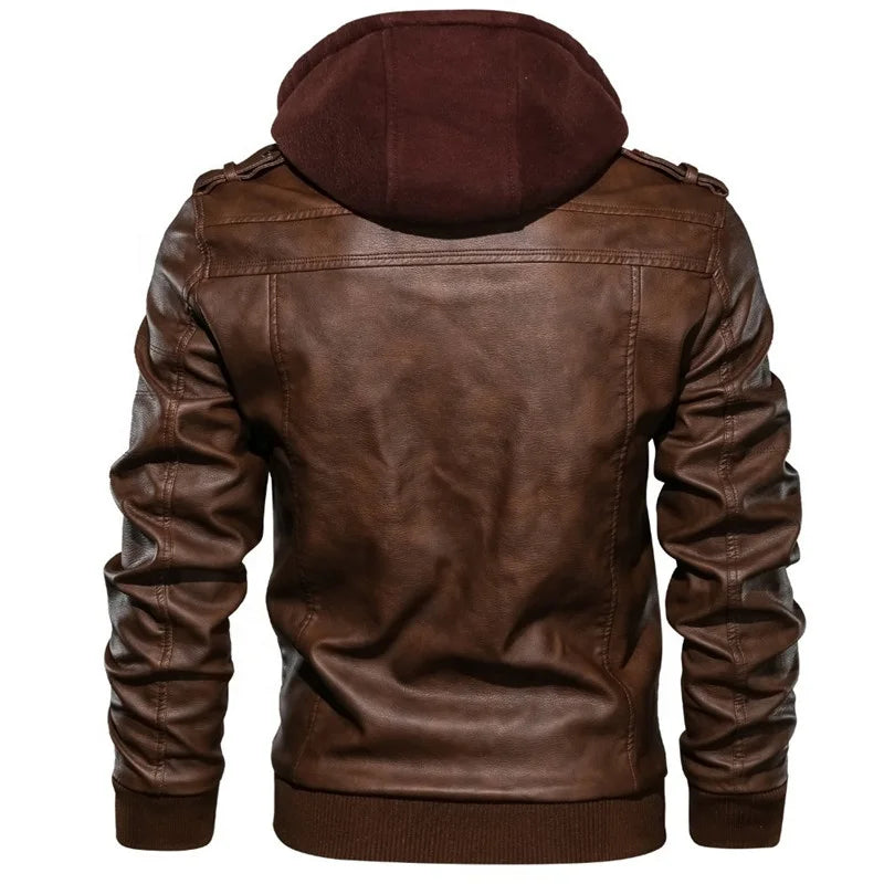 Jaqueta Masculina de Couro Original Romenzi RZ125 em couro genuíno com capuz removível, design elegante e qualidade premium, perfeita para conforto e estilo.