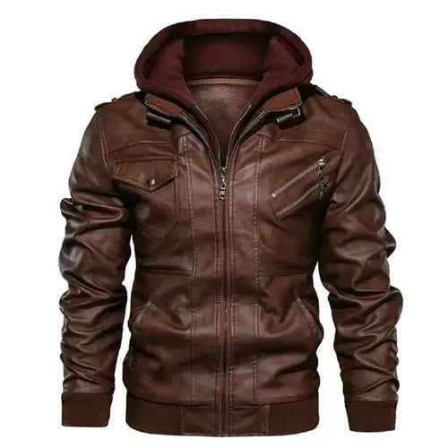 Jaqueta Masculina de Couro Original Romenzi RZ125 em couro genuíno com capuz removível, design elegante e qualidade premium, perfeita para conforto e estilo.
