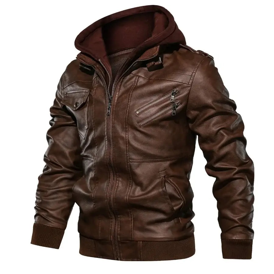 Jaqueta Masculina de Couro Original Romenzi RZ125 em couro genuíno com capuz removível, design elegante e qualidade premium, perfeita para conforto e estilo.