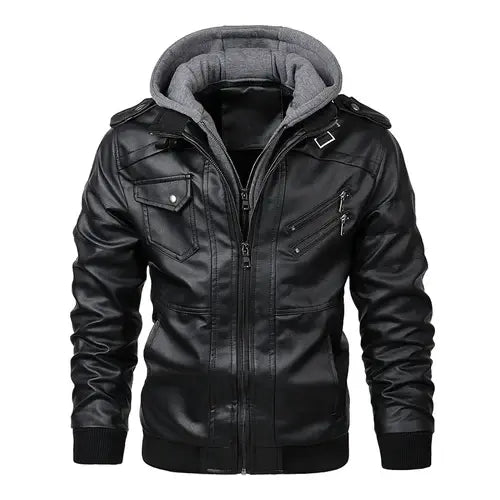 Jaqueta Masculina de Couro Original Romenzi RZ125 em couro genuíno com capuz removível, design elegante e qualidade premium, perfeita para conforto e estilo.