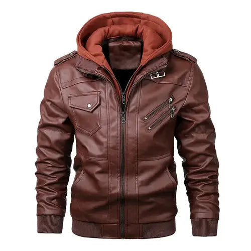 Jaqueta Masculina de Couro Original Romenzi RZ125 em couro genuíno com capuz removível, design elegante e qualidade premium, perfeita para conforto e estilo.