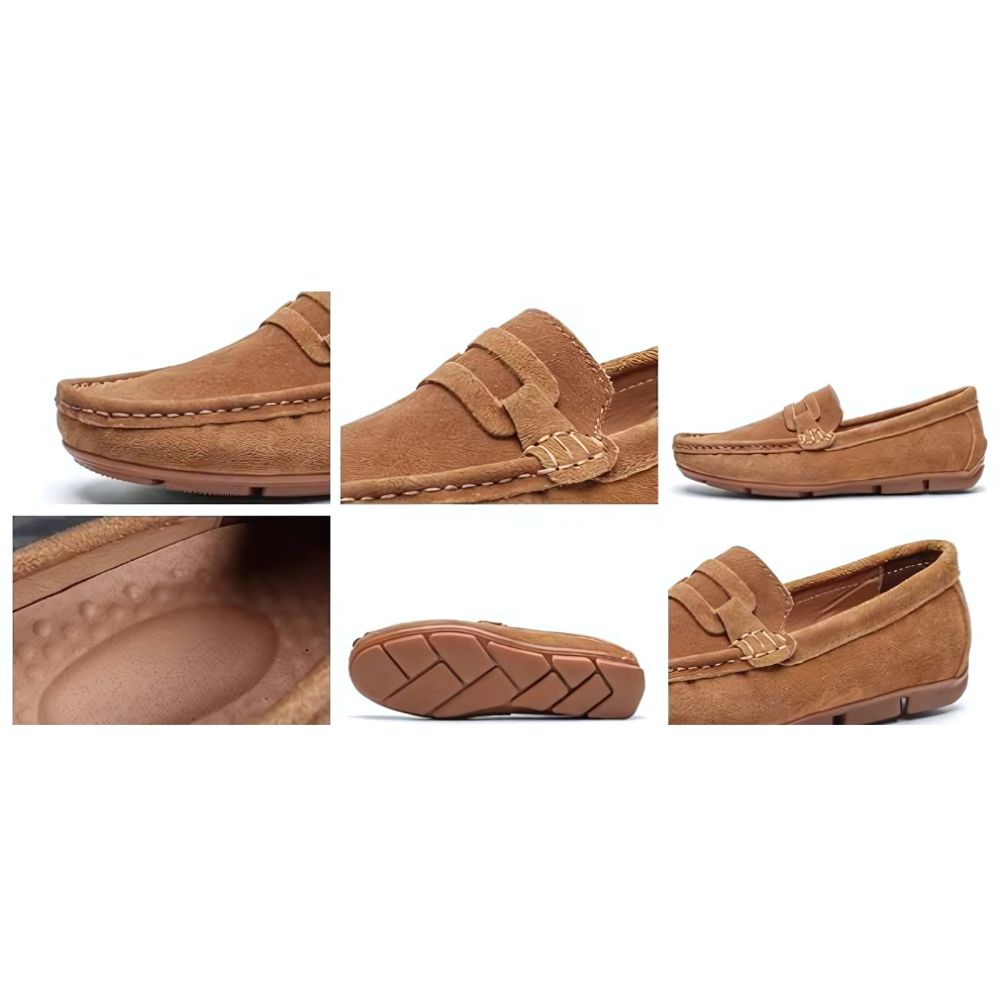 Mocassim Masculino de Camurça Romenzi RZ728 fotografado em detalhe, calçado elegante e resistente, feito em camurça premium para estilo casual ou social.