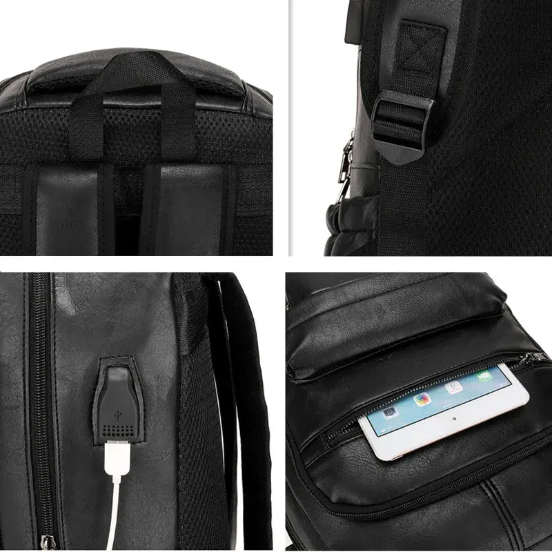 Mochila de Couro Masculina Romenzi RZ072 com resistência à água, porta USB, alças ergonômicas e compartimentos para notebook e tablet