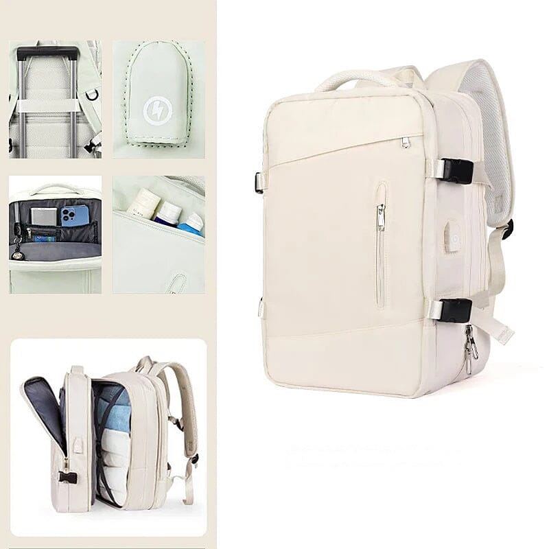 Mochila de Viagem Moderna Romenzi RZ960 em detalhe, modelo expansível em nylon resistente com USB embutido e compartimentos organizados.
