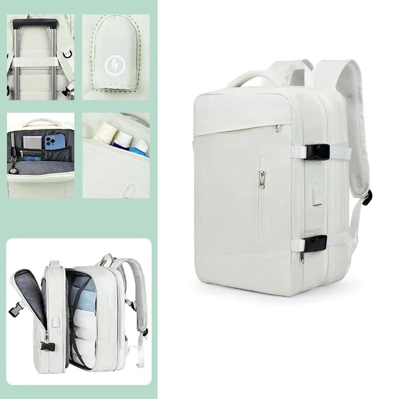 Mochila de Viagem Moderna Romenzi RZ960 em detalhe, modelo expansível em nylon resistente com USB embutido e compartimentos organizados.