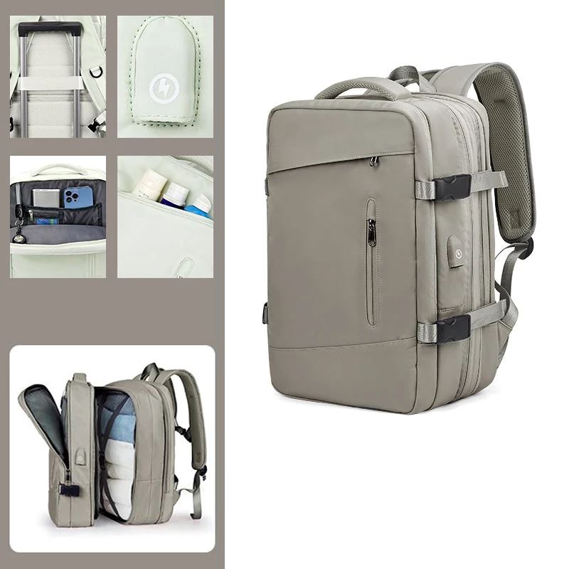 Mochila de Viagem Moderna Romenzi RZ960 em detalhe, modelo expansível em nylon resistente com USB embutido e compartimentos organizados.