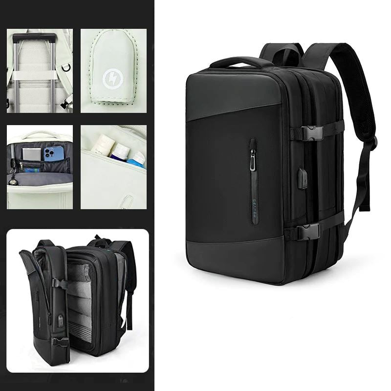 Mochila de Viagem Moderna Romenzi RZ960 em detalhe, modelo expansível em nylon resistente com USB embutido e compartimentos organizados.