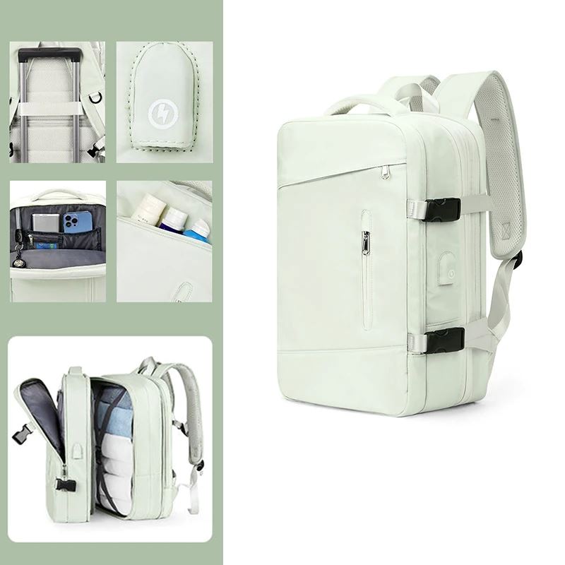 Mochila de Viagem Moderna Romenzi RZ960 em detalhe, modelo expansível em nylon resistente com USB embutido e compartimentos organizados.