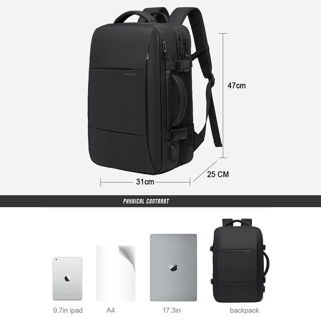 Mochila de Viagem Premiere Romenzi RZ964 em detalhe, modelo expansível impermeável com USB e compartimento acolchoado para notebook 17'.