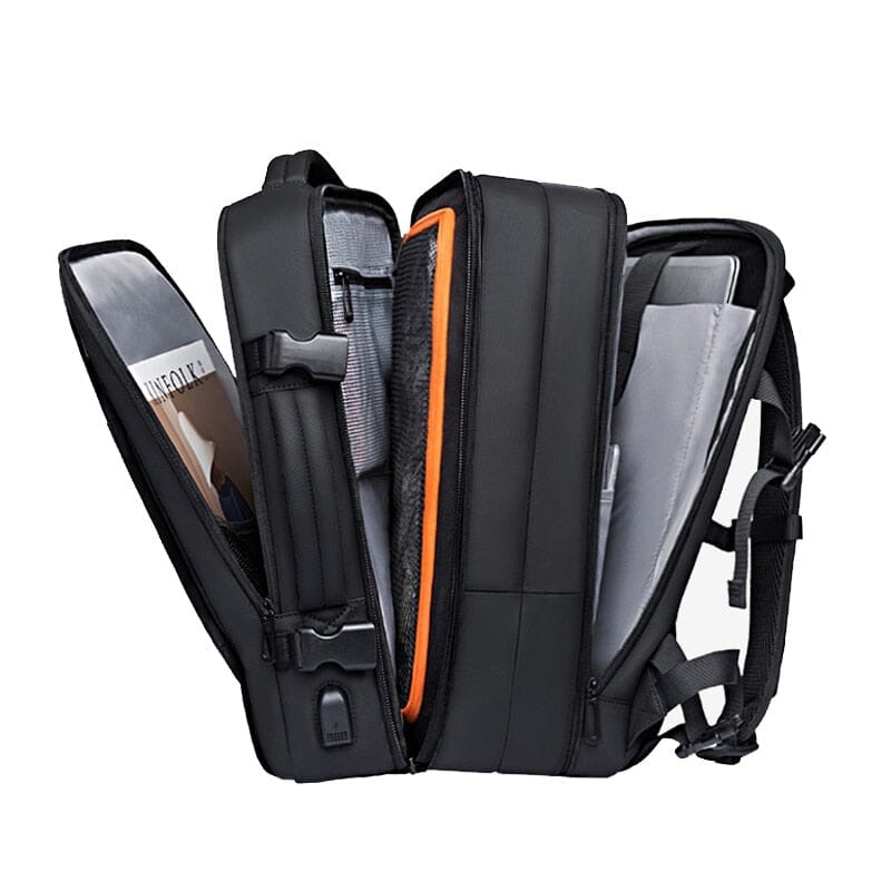 Mochila de Viagem Premiere Romenzi RZ964 em detalhe, modelo expansível impermeável com USB e compartimento acolchoado para notebook 17'.