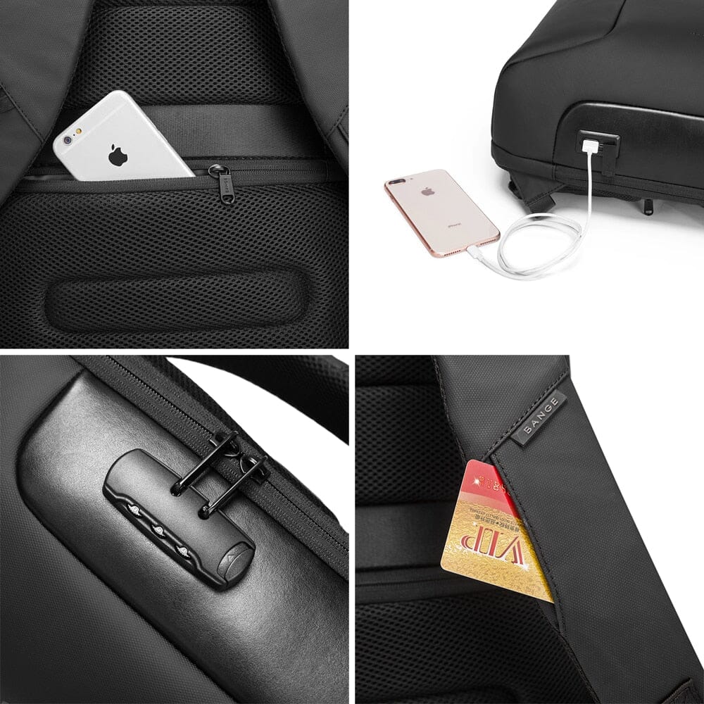 Mochila Executiva Luxxy Romenzi RZ967 em detalhe, impermeável em Oxford premium, com porta USB, trava TSA e compartimento para notebook 15'.