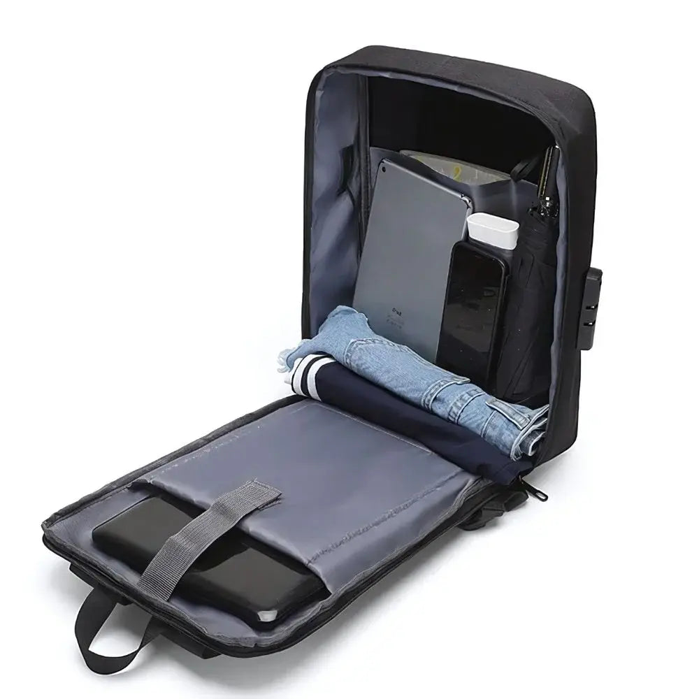 Mochila Executiva Romenzi RZ070 com tecido impermeável, trava TSA, porta USB e compartimento para notebook 15''. Elegante e funcional para o dia a dia.